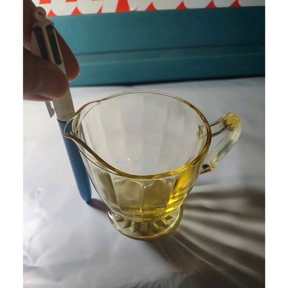 1930’s Small Uranium Glass Pitcher Glows W Blacklight Yellowish Looking Design - Picture 2 of 4